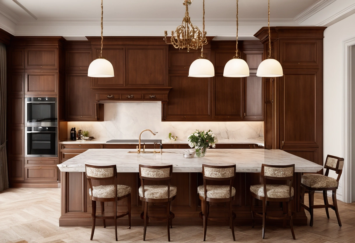 Traditional kitchen island with classic stools and pendant lights